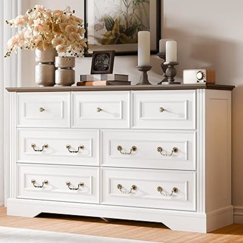 Cozy Castle 7 Drawer Dresser, Farmhouse Chest of Drawers for Bedroom, 54" Wide Dresser with Retro Metal Handles, Wood Drawer Organizer TV Stand for Living Room, Hallway (White)