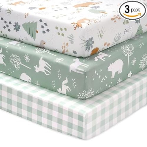 Baby Crib Sheets for Boys and Girls, 3 Pack Fitted Crib Sheets Neutral for 52”x28” Standard Crib and Toddler Mattresses, Ultra Soft & Silky Smooth Microfiber Green Forest Bear