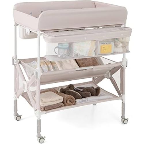 BABY JOY Portable Baby Changing Table, Foldable Waterproof Diaper Changing Station w/Wheels, Adjustable Height, Storage Basket, Shelves & Trash Bin, Mobile Nursery Organizer for Newborn Infant, Beige