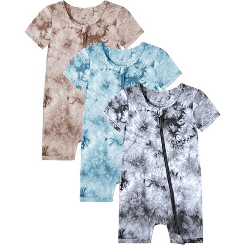 Jimonda Baby Girl Boys Rayon From Bamboo Pajamas 3 Pack Short Sleeve Footless Romper 2 Way Zipper Tie Dye Pjs Sleeper 0-24M