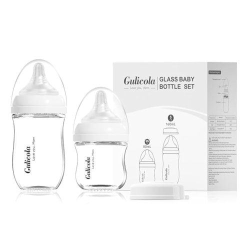 Gulicola Natural Glass Baby Bottle Newborn Set, 3 oz and 5 oz with Extra Slow Flow & Slow Flow Nipple, Anti Colic, 0-3 Months, 2 Pack - White