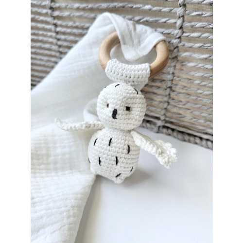 Hand Knit Owl Baby Comforter, Organic Cotton Muslin Lovey
