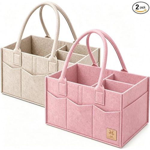 HIPHOP PANDA 2-Pack Diaper Caddy Organizer - Nursery Storage Bin & Car Organizer for Diapers, Wipes, and Baby Essentials - Dual-Color Solid Set (Pink/Oatmeal), Regular Size