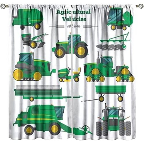 Equipment Trucks Curtains BoysCartoon Excavators Green Vehicle Construction Tractor Blackout Window Drapes for Bedroom Living Room Kitchen Cafe Decor （W42xL84 Inch） x2 Panels