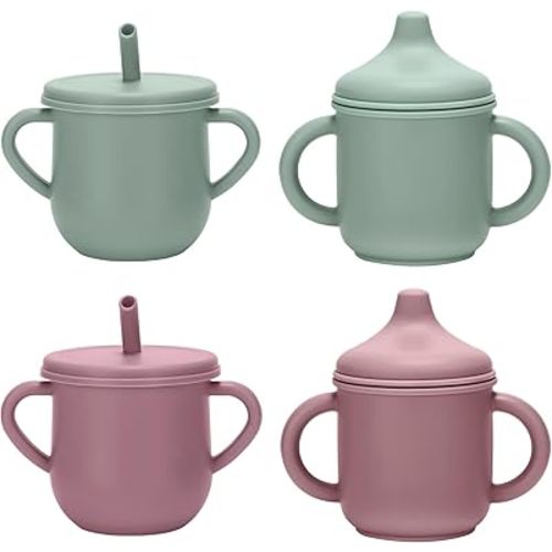 Silicone Toddler Cups Set, 2 Straw Cups and 2 Sippy Cups for 6+ Months Baby, Leakproof Spillproof Training Cups with Handles, Easy Clean (Green+Pink)