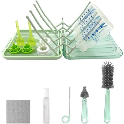 Baby Bottle Brush, 7 in 1 Travel Bottle Cleaner Kit with Silicone Bottle Brush, Nipple Brush, Straw Brush, Soap Dispenser, Bottle Drying Rack, Dishcloths, Portable Essentials for Home and Travel-Green