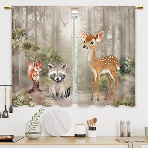 Forest Woodland Animal Kitchen Curtains Nursery Wild Animals Bathroom Curtains Window Treatment Drapes Tier Fox Bear Deer Cafe Small Bedroom Short French Door Curtains 2 Panels 27.5x39 Inch