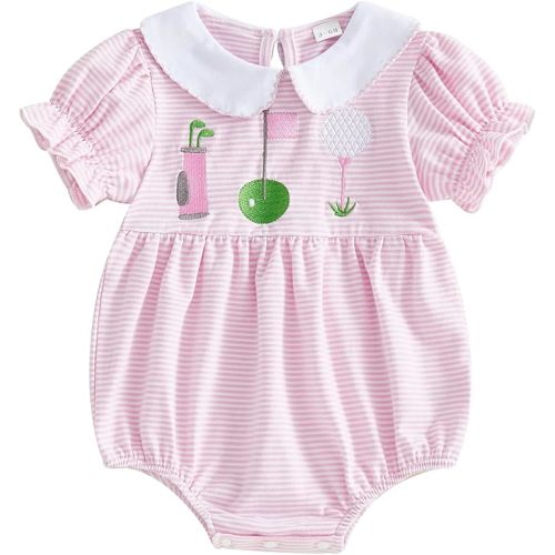 Newborn Baby Girl Clothes Golf Flagstick Embroidery Striped Puff Short Sleeve Jumpsuit Smocked Bubble Outfit