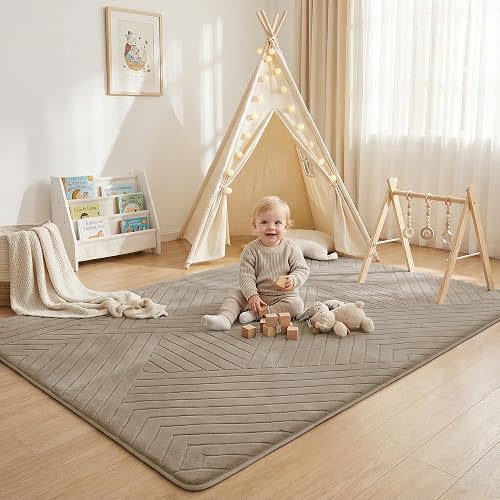 Baby Play Mat for Floor 1.3" Thick Foam Padded Area Rug 59"x 79" (Brown)