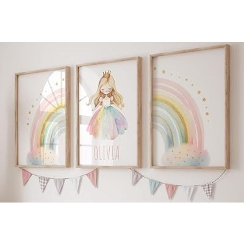 Personalised Rainbow Princess Set of 3 Unframed Poster Prints, Personalise Name, 5 Princess Combinations, Princess Theme Room Decor, Girls Bedroom Decor, Girls Bedroom Prints (9x12)