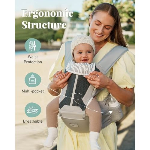 Baby Carrier - Newborn to Toddler, 6-in-1 Safety-Certified Carrier with Hip Seat, Detachable Baby Holder, Soft Ergonomic Support for 7-50lbs - Grey