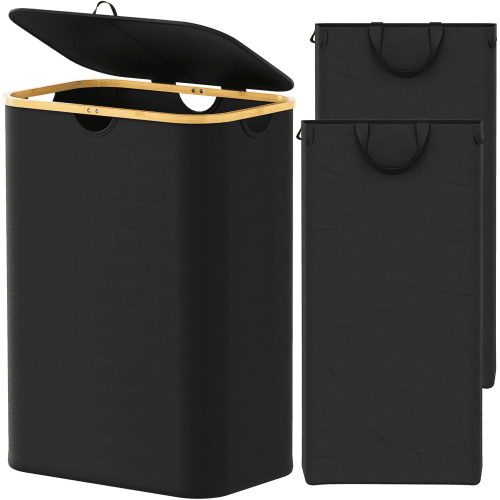 Double Laundry Hamper 2 Section with Lid and Removable Laundry Bags, 160L Clothes Basket with Bamboo Handles, Large Collapsible Hamper for Bedroom, Bathroom, Dorm, Laundry Room - Black