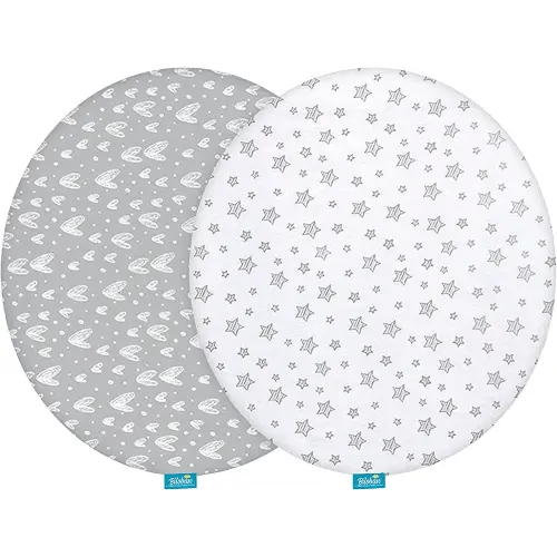 Bassinet Sheets Compatible with Fisher-Price On-The-Go Baby Dome, 2 Pack, 100% Jersey Knit Cotton Fitted Sheets, Breathable and Heavenly Soft, Grey Hearts and White Stars Print for Baby