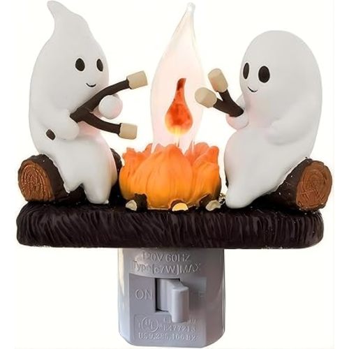 Ghost Campfire Nightlight,Halloween Campfire Flickering Night Light,3D Spooky Fire Marshmallow Night Light for Halloween Decor (Cute Ghost)