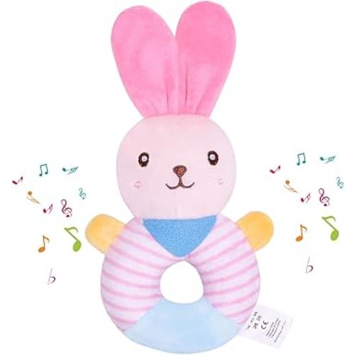 WHNKFB Baby Teether Rattle Toy - Soft Bunny Plush with Crinkle Squeaky Sound, Sensory Shaker for Newborns 0-12 Months, Infant Learning and Travel Stroller Toy