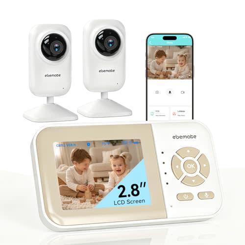 ebemate Video Baby Monitor with 2 Cameras | 2.8" LCD Screen | 1200FT Range | Real-Time Temp & Feeding Alerts | No-Glow Night Vision | 2-Way Talk Audio | EBE28-2