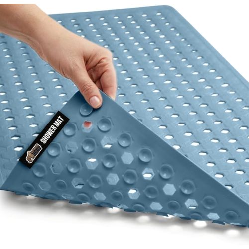 GORILLA GRIP Patented Bath Tub Shower Mat, Machine Washable Bathtub Floor Liner Mats, Suction Cups and Drain Holes to Keep Tubs Clean, Soft on Feet, Bathroom Essentials, 35x16 Inch, Sky Blue Opaque