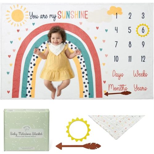 Bliss n' Baby Monthly Milestone Blanket for Baby Girl - 60"x40" - Wrinkle Free Newborn Age Month Blanket with Growth Chart - Washable & Dryable - w/Frames & Cotton Bib - Boho Theme