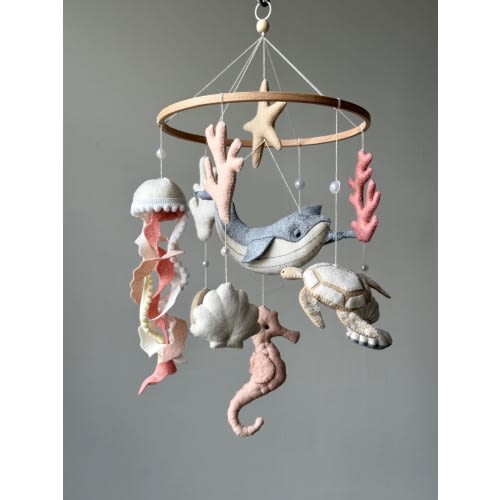 Blue Whale Baby Mobile: Handmade Felt Nautical Creatures Nursery decor, Corals Shells Starfish