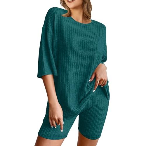 NORACORA Pajamas 2 Piece Lounge Sets Ribbed Knit for Women Matching T-shirt Shorts Outfits Sleepwear