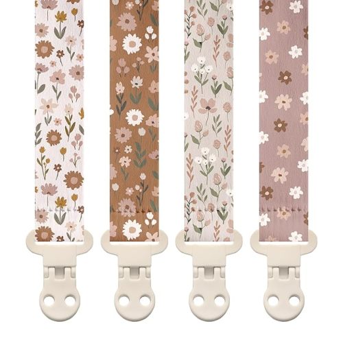 Stadela Baby Pacifier Clip Holder - Girl or Boy Unisex 4 Pack Gift Set – Boho Modern Neutral Floral Beige Yellow Brown Colors (Flora)