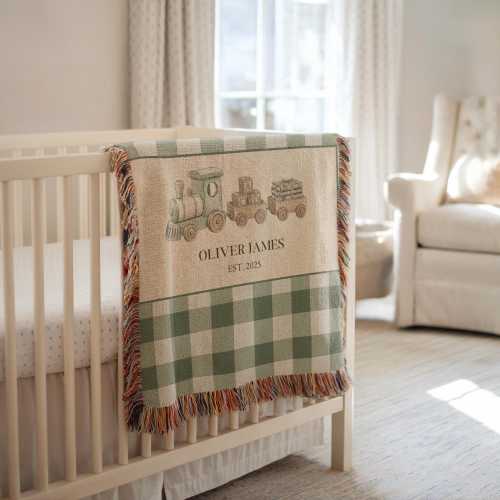 Personalized Vintage Train Woven Blanket, Classic Plaid Nursery Decor, Custom Name Baby Blanket, Heirloom Gift for Boys Nursery Room Decor