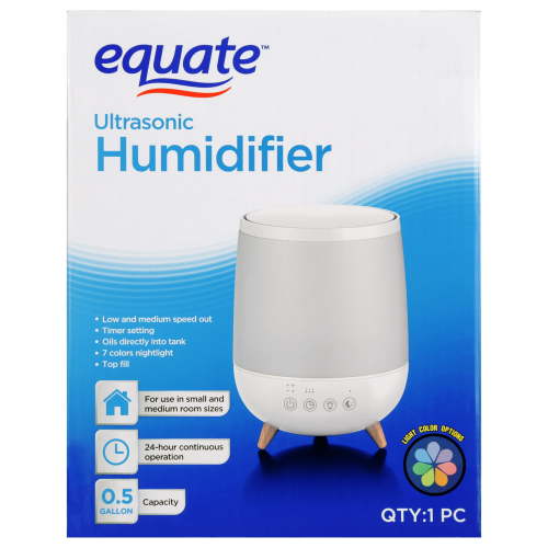 Equate Ultrasonic Humidifier, Diffuser, Cool Mist, Visible Mist, Filter-Free, 0.5 Gallon, White and Wooden HSA/FSA Eligible