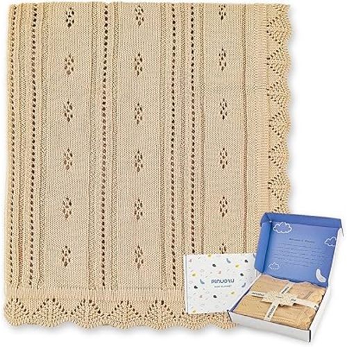 Cotton Pointelle Knitted Baby Blanket – Ultra-Soft, Breathable, 31"x40"Inch, Perfect for Swaddle, Crib, Stroller – Premium Newborn Gift for Boys & Girls (Beige)