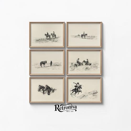 Vintage Cowboys and Horses Sketch Drawing Western Gallery Set | Horse Sketch Print Country Farmhouse Decor | Retroniva PRINTABLE Art SET-015