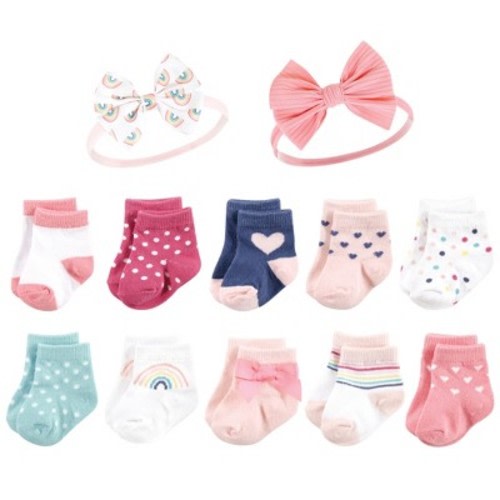 Hudson Baby Infant Girl Sock and Headband 12pc Set, Rainbow, 0-9 Months