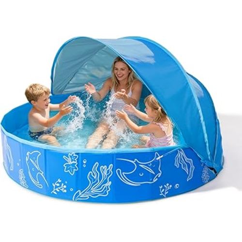 Foldable Kiddie Pool with Canopy: 31.5in/ 47in /63in for Baby Toddler Kids Family - Summer Water Play Pool with Shade - Portable for Outdoor Backyard Beach (Blue-Blue, 63in)