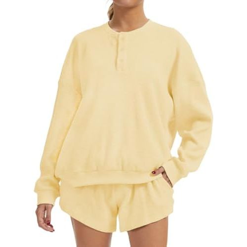 AnotherChill Women's Oversized Waffle Knit Lounge Set Long Sleeve Sweatshirt and High Waisted Shorts 2 Piece Casual Outfit