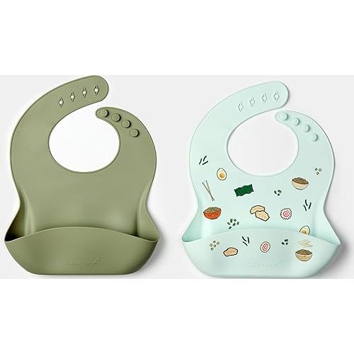 Loulou Lollipop Silicone 2 pack Bib set - Ramen/Sage, waterproof 2 pk for baby, infant, toddler