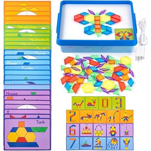 Odoorgames Light Box with Pattern Blocks & Cards Set – Light Table for Kids, Educational Toys for Tracing, Sensory Play & Early Learning (Blue)