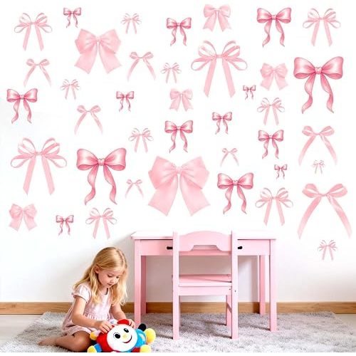 Bow Wall Decals for Bedroom: Girls Wall Stickers Removable 95%+ No Residue No Damaging - Peel and Stick Four-Step Makeover - Safe Vinyl for Kids Ages 1-12 Years