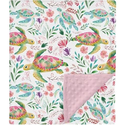 HawSkgFub Under the Sea Turtle Mink Baby Blanket Dotted Backing Girl Shower Gift, Boho Floral Ocean Animal Double Layer Nursery Swaddle, Dirty Pink Soft Newborn Infant Toddler Bed Crib Bedding 30 x 40