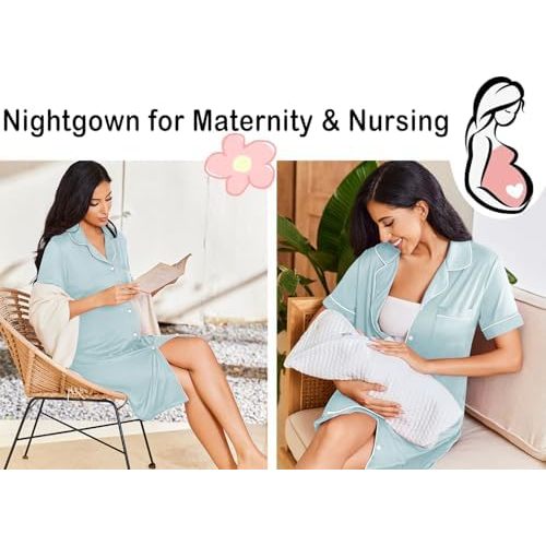 Ekouaer Nightgowns for Women Button Down Sleepshirt Short Sleeve Nightshirt Boyfriend Pajamas V Neck Nightdress S-XXXL