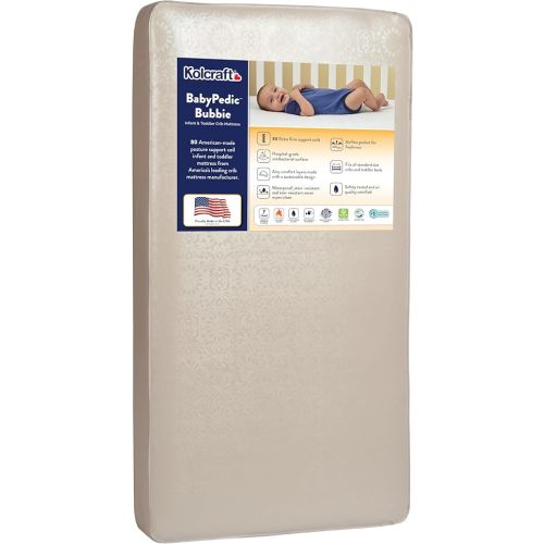 Kolcraft BabyPedic Bubbie Waterproof Crib and Toddler Mattress, Extra-Firm Coil Support, Breathable Comfort, Non-Toxic, GREENGUARD Gold Certified, Made in USA, 52x28, Natural