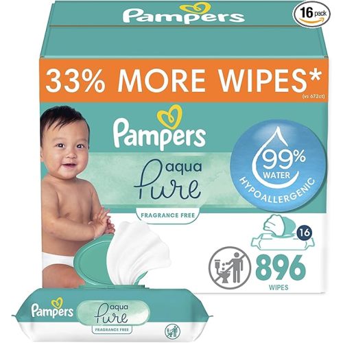 Pampers Aqua Pure Baby Wipes, 99% Water, Fragrance Free, 896 Baby Wipes Total (16X Flip-Top Packs) [Packaging May Vary]