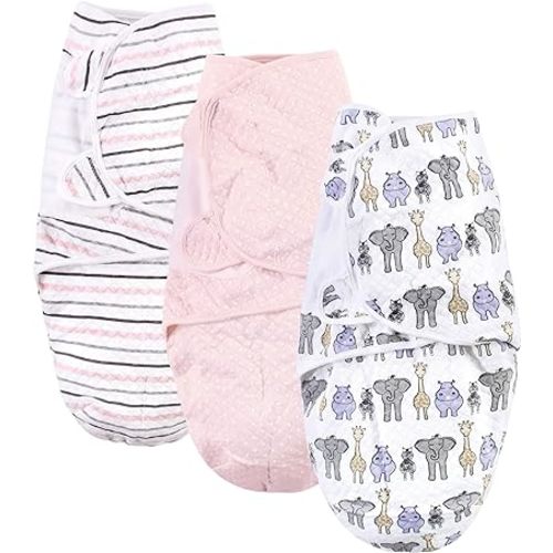 Hudson Baby Unisex Baby Quilted Cotton Swaddle Wrap 3pk, Pink Safari, 0-3 Months