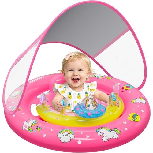 Baby Pool Float with UPF50+ Sun Protection Canopy, Inflatable Unicorn Baby Swim Float with Double Air Chambers, Adjustable Safety Seat & Toy Console Toddler Pool Float for 6-36 Months Boys Girls
