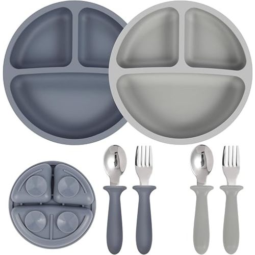Eascrozn Toddler Utensils, 2 Pack Silicone Divided Suction Plates for Baby, 2 Pack Toddler Forks and Spoons Set, BPA Free, Baby Led Weaning Feeding Supplies, Microwave and Dishwasher Safe