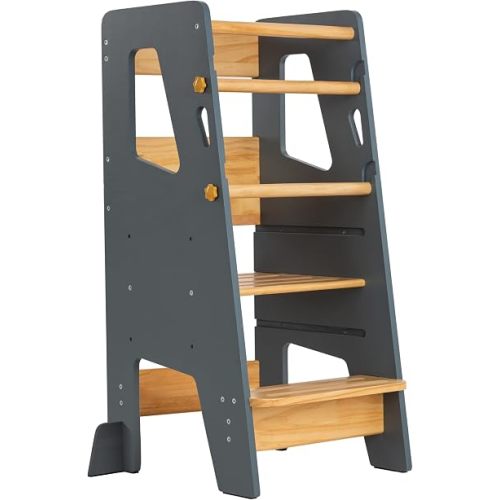 Toddler Standing Tower with 3 Safety Bars - Kitchen Stool Helper - Gray