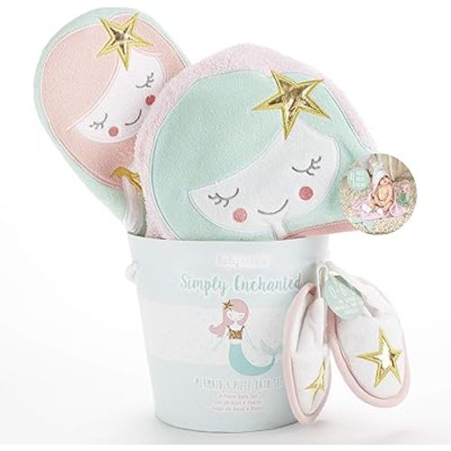 Baby Aspen Simply Enchanted Mermaid 4 Piece Bathtime Gift Set, Pink/Mint/Gold/White, 0-6 Months
