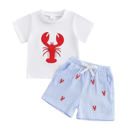 SAYOO Toddler Boy Lobster Short Outfit Crawfish/Turtle/Crab Embroidery Short Sleeve Tops Stripe Shorts 2Pcs Animal Outfit