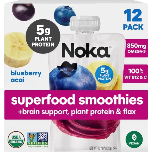 Noka Superfood Fruit Smoothie Pouches Ready to Drink with Brain Support, Healthy Snacks w/ 850mg Omega-3 Flax Seed Plant Protein Vegan Gluten Free Organic Fruit Squeeze Pouch Blueberry Acai 4.22 oz 12 Count