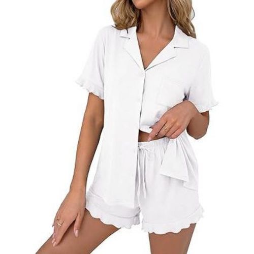 Ekouaer Pajamas Set for Women Button Down Pjs Lounge Sets Ruffle Short Sleeve Sleepwear Cute Loungewear White 2XL