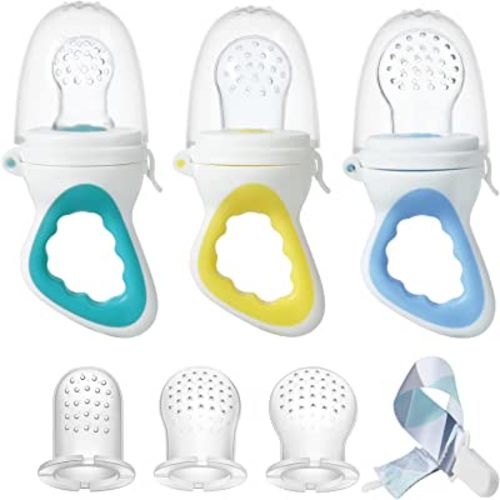 PandaEar 3 Pack Baby Feeder Fresh Fruit Food Feeder with 3 Different Size Silicone Pouch and 1 Pacifier Clips, Training Massaging Toy Teether