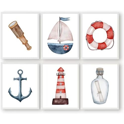 Nautical Wall Art Print - Lighthouse Anchor Ship Wheel Compass Telescope Poster for Sail Boat Coastal Nursery, Sea Boy Room Decor, 6PCS (Unframed, 8"x10" inch)