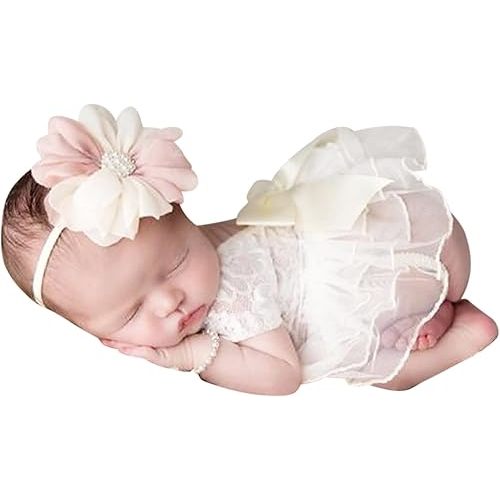 Lace Newborn Girls Photography Prop Baby Girl Tutu Dress with Flower Headband Infant Photo Shoot Outfits Bow Tulle Skirt White